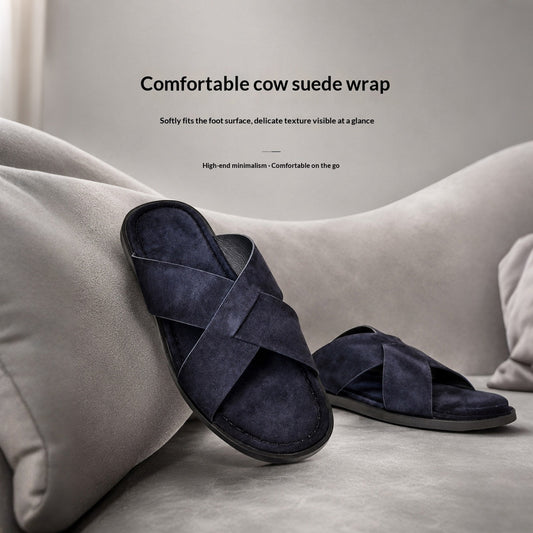 Men's suede cross-strap slippers, summer outdoor sandals in a neutral brown tone