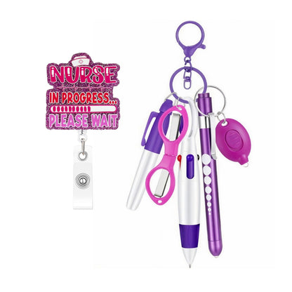 Retractable nurse pen set keychain with flashlight, compact medical accessory in black