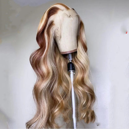 Brown blonde colored human hair wig with blended brown and blonde tones, styled on a mannequin head