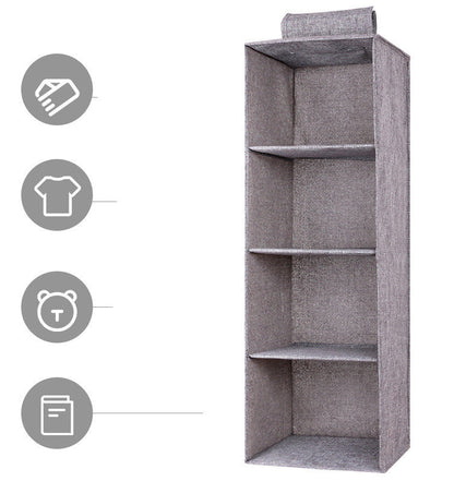 Drawer storage closet hanging bag with multiple compartments and fabric shelves for organized clothing storage
