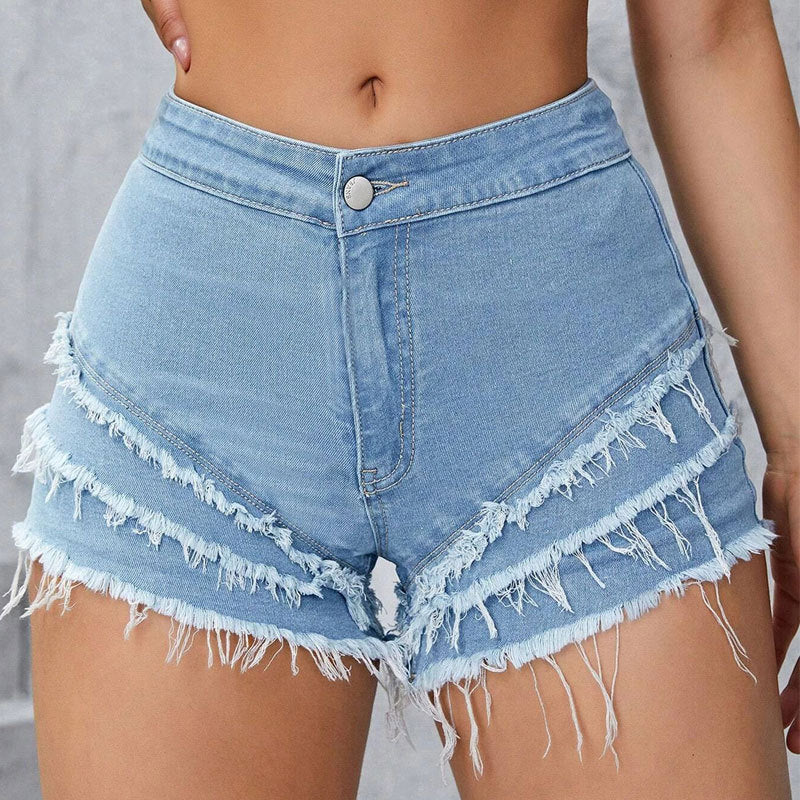 Slim-fit stretchy minimalist patchwork denim shorts with visible contrasting panels and classic five-pocket design