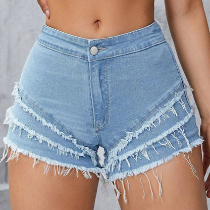 Slim-fit stretchy patchwork denim shorts with minimalist design, front and back view
