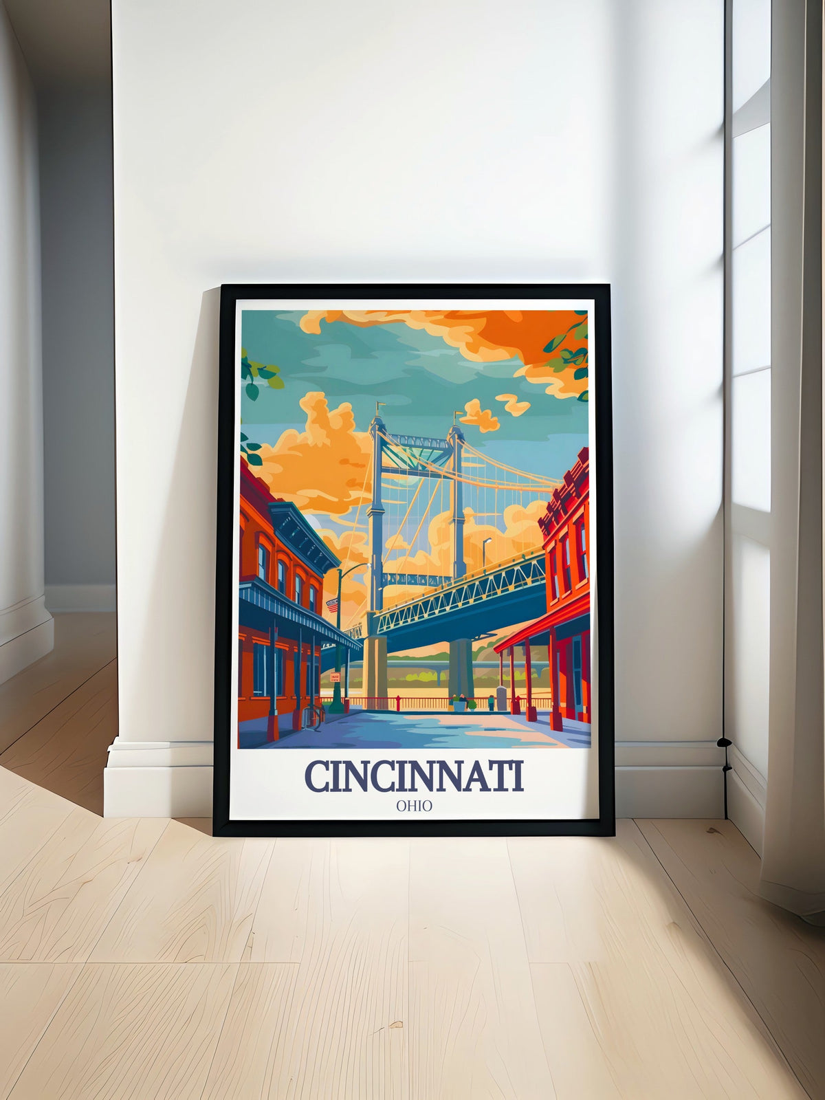 Cincinnati Travel Poster - Roebling Suspension Bridge Print - Roebling Point Wall Art - Cincinnati Poster Print - Ohio Artwork