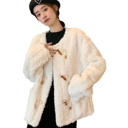 Women's lamb wool fur coat, soft textured outerwear in a classic design