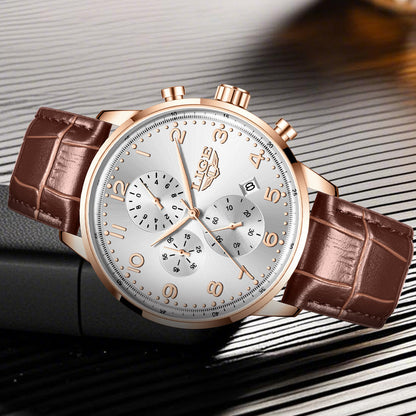 Multifunctional calendar mechanical watch with leather belt and waterproof design for men’s business wear