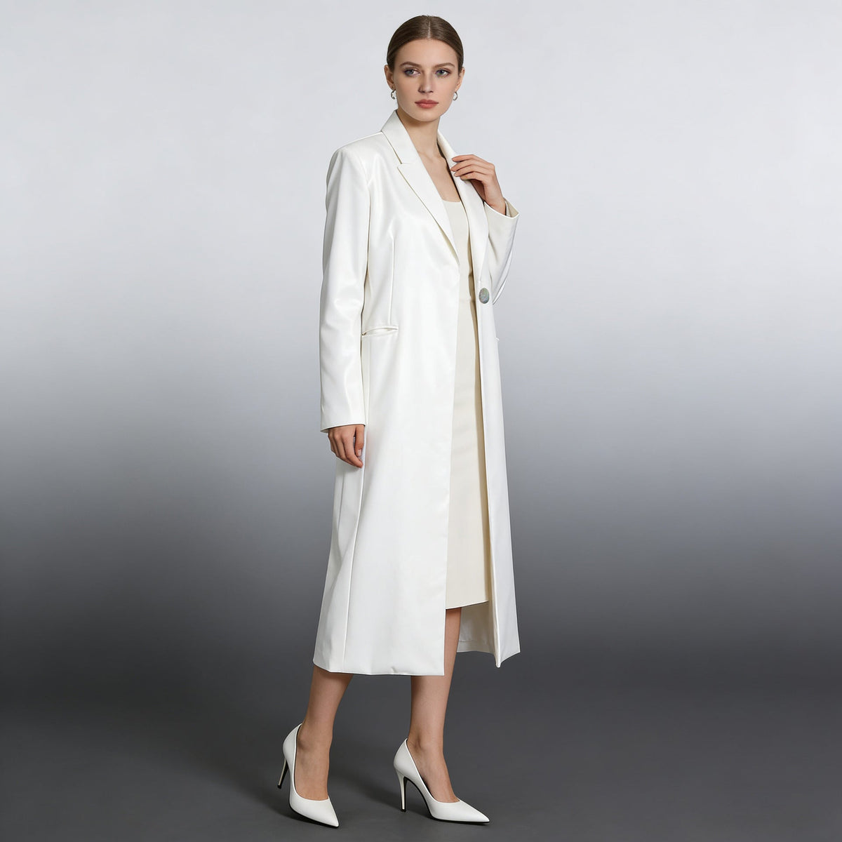 Women's commuter-style designer-inspired blazer-style trench coat in a structured silhouette