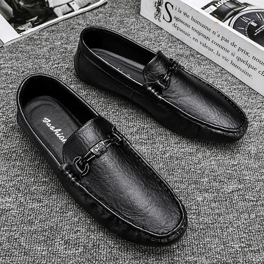 Men's stylish casual slip-on leather shoes, side view in classic design
