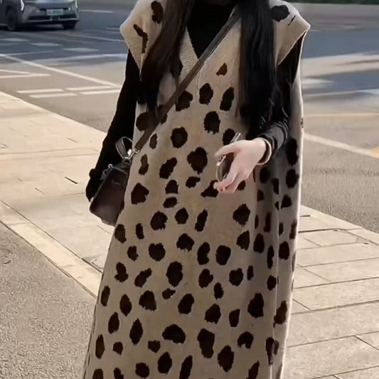 Women’s relaxed-fit leopard-print knitted midi vest dress, front view