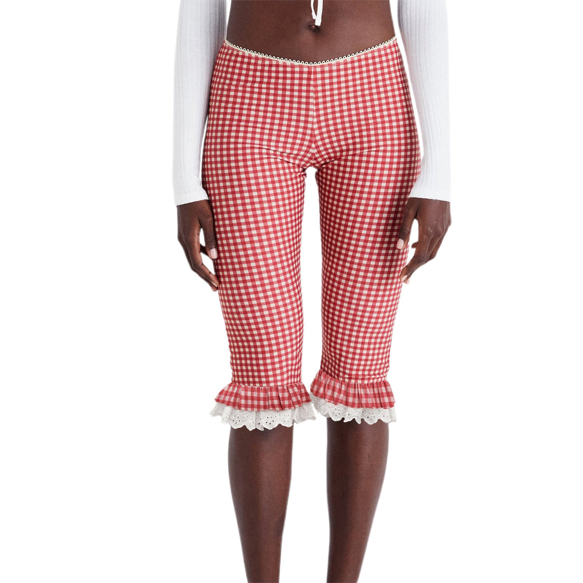 Women's capri pants with plaid lace flounce hem, front view