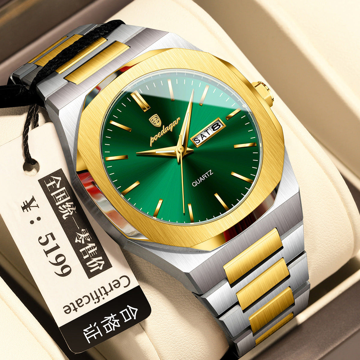 Men's waterproof luminous quartz watch with dark dial and luminous hands