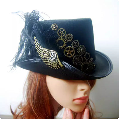 Retro steampunk Gatsby hat with winged feathers for themed balls and costume parties