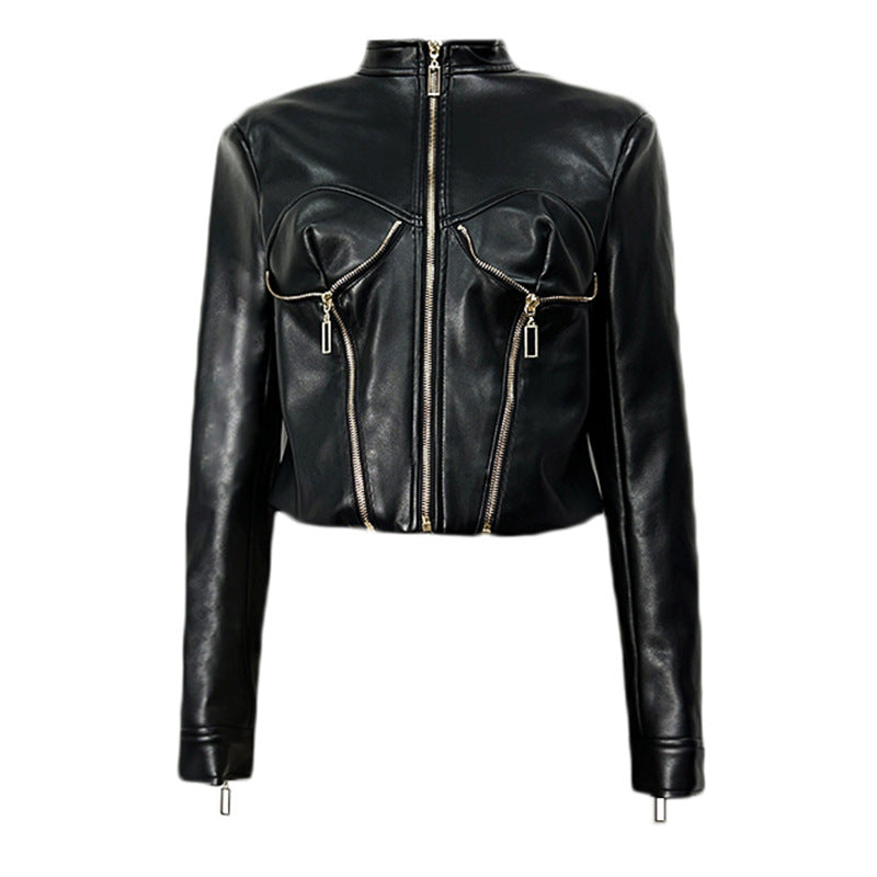 Heavy-duty PU leather moto-style cropped jacket with stand collar and zip front