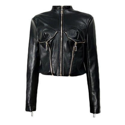 Heavy-duty PU leather moto-style cropped jacket with stand collar and zip front