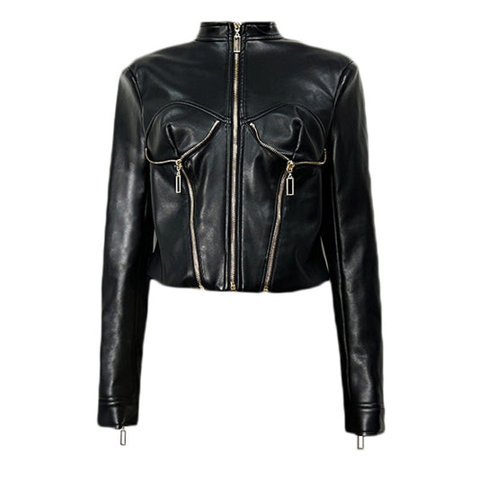 Heavy-duty PU leather moto-style cropped jacket with stand collar and zip front