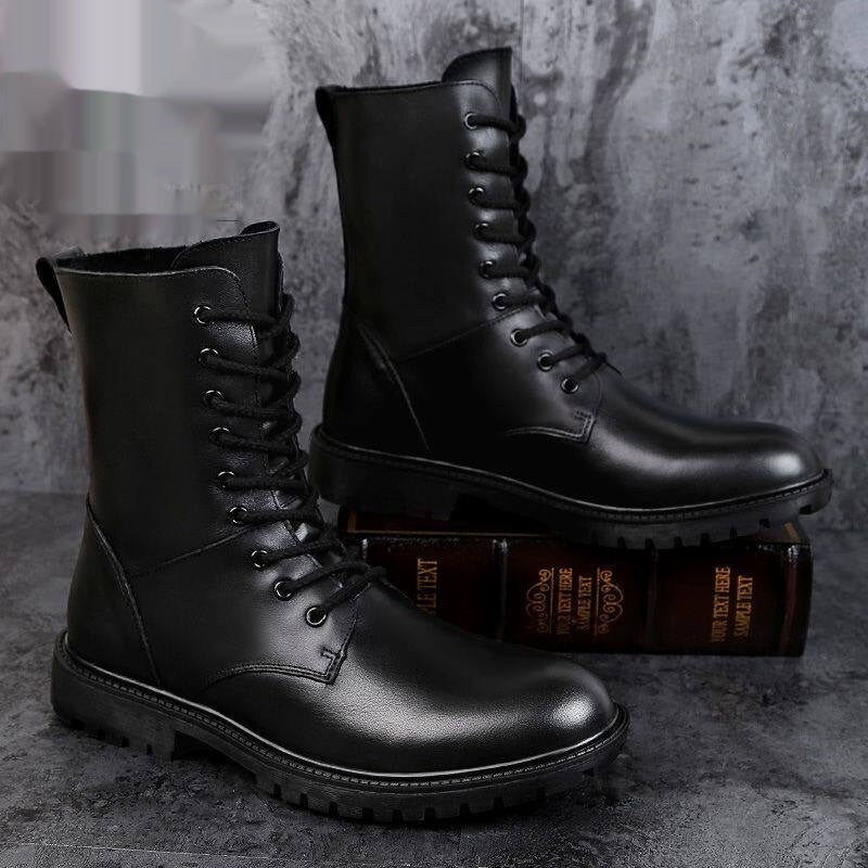 Men's leather winter fleece-lined British-style boots, side view detailing rugged stitching and lace-up design
