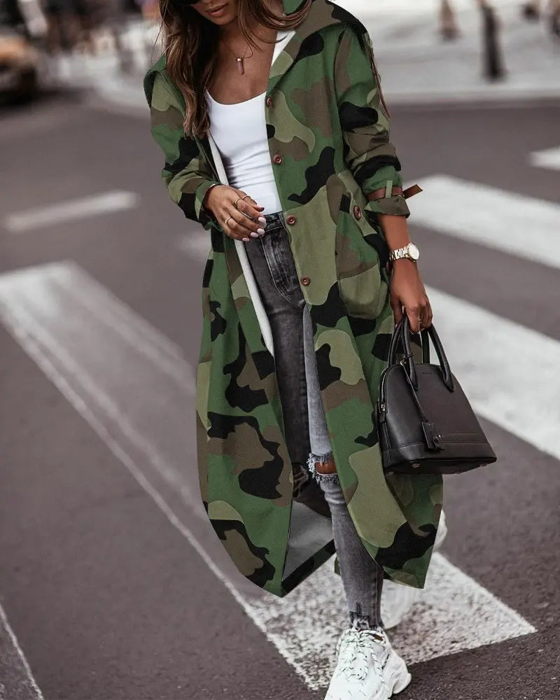 Women's casual mid-length lapel trench coat in a fashion-forward style, front view