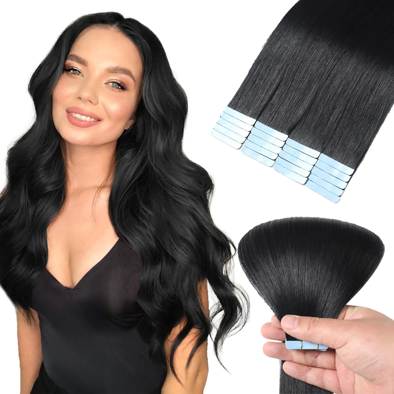 Mifes Tape in Hair Extensions Human Hair Jet Black #1 20pcs/50g 20 Inch Hair Extensions Real Human Hair Natural Hair Extensions Straight Hair Extensions for Black
