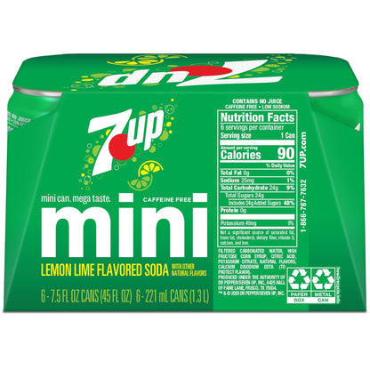 Six 7UP Lemon Lime Soda cans, 7.5 fl oz each, with bright 7UP branding and lemon-lime flavor labels on the cans.