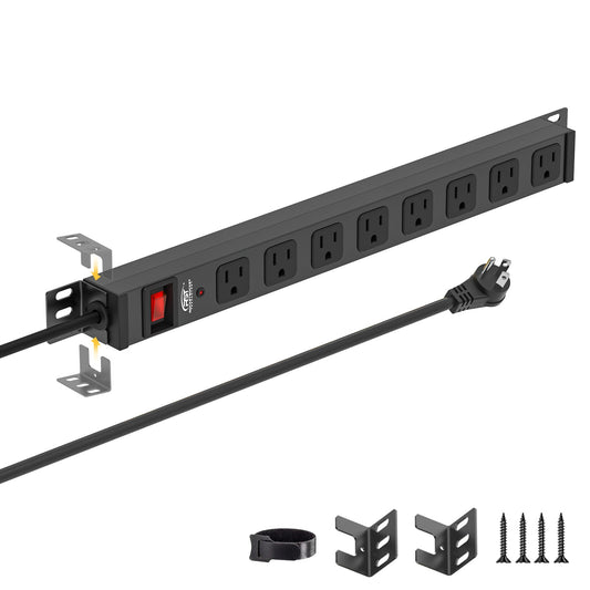 CRST 8-outlet mountable metal power strip with surge protector and 4-way bracket mount, heavy-duty design, 2100J protection.