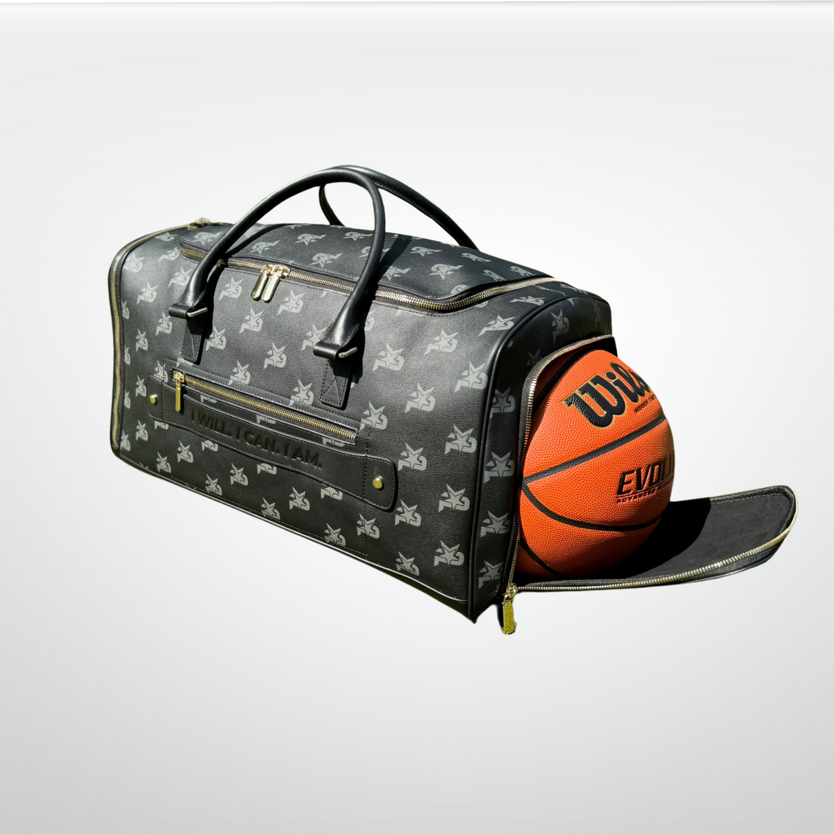 Black leather I AM monogram training duffel bag by iReliev, luxury fitness bag with sturdy handles and spacious interior.