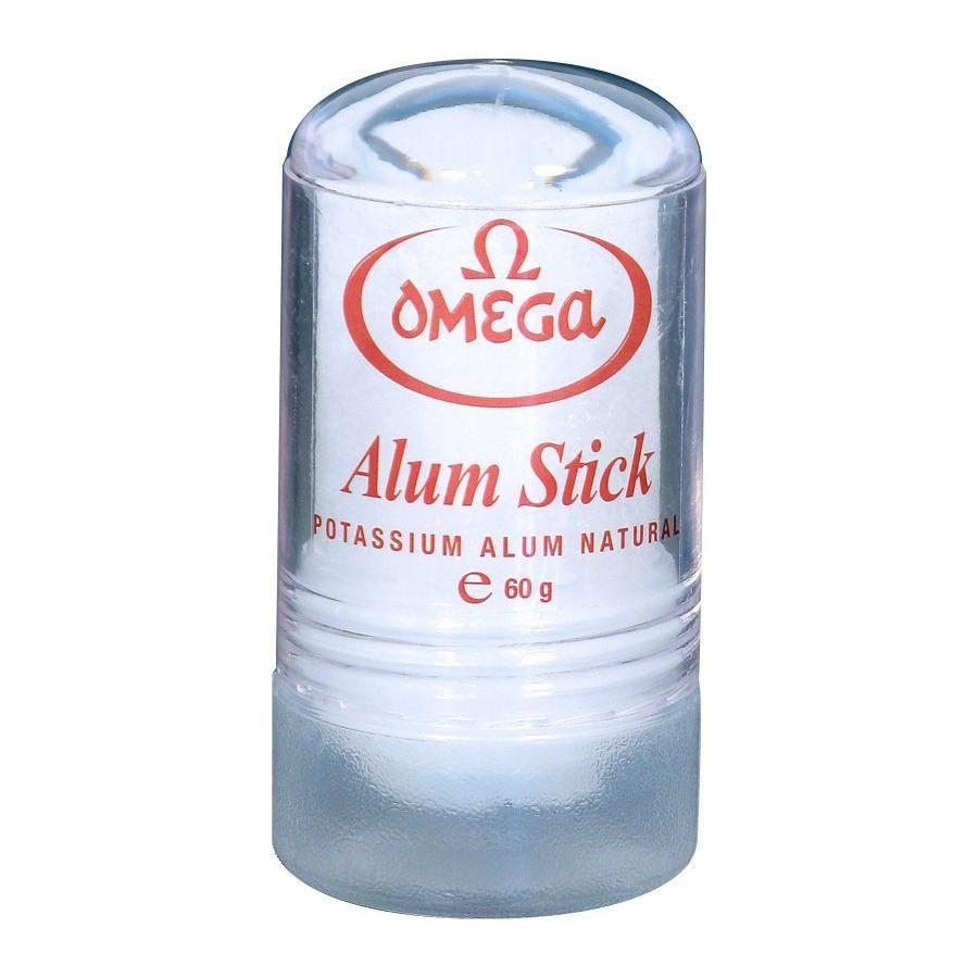 Omega Alum Stick After Shave Facial Toner from Pasteur Pharmacy, 60g, showing the alum stick and packaging.
