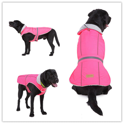 Reflective winter pet clothes for dogs and cats, shown in a nighttime design.
