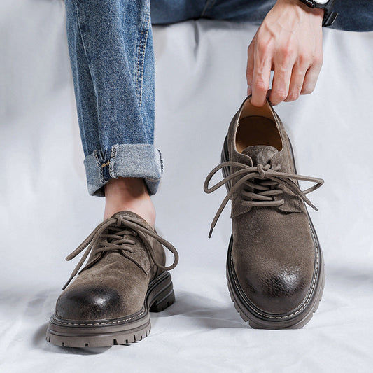 Youthful round-toe men's British-style casual pigskin mid-heel wide-toe work shoes