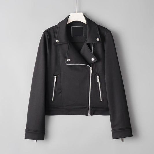Women's short cool biker-style jacket in versatile design, front view