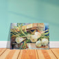 Watercolor still life of onions on matte paper poster by artist Barbara Cleary, featuring vibrant, detailed onion artwork.