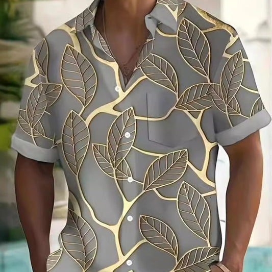 Men's fashion printed shirt with lapel collar and short sleeves, patterned design shown front view