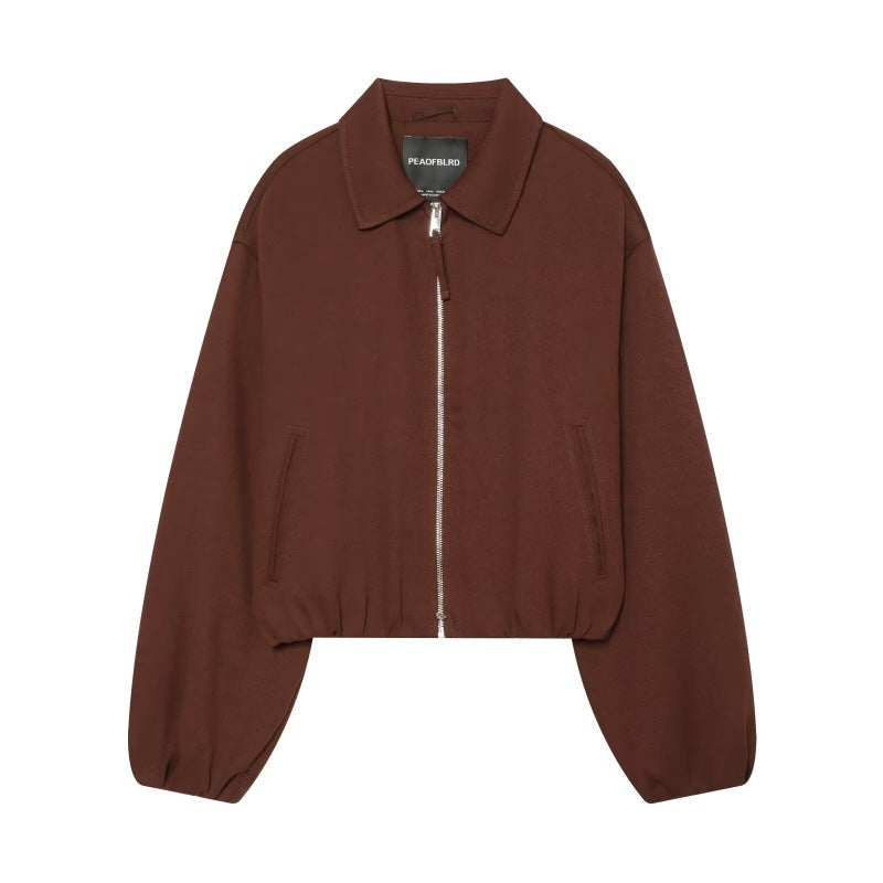 Women's retro lapel zipper short jacket top, front view
