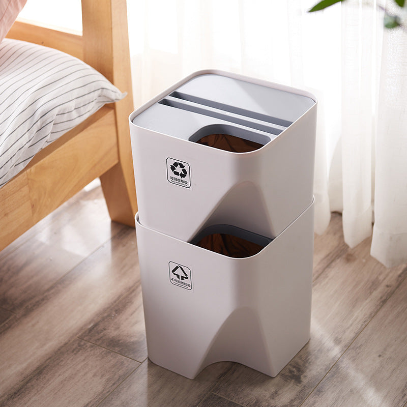Stacked kitchen trash can recycle bin for dry and wet waste separation in a compact household design