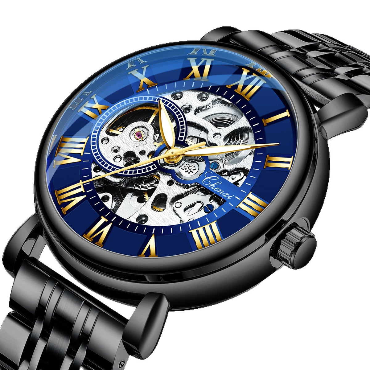 Hollow waterproof luminous automatic mechanical watch with exposed movement dial and stainless steel case