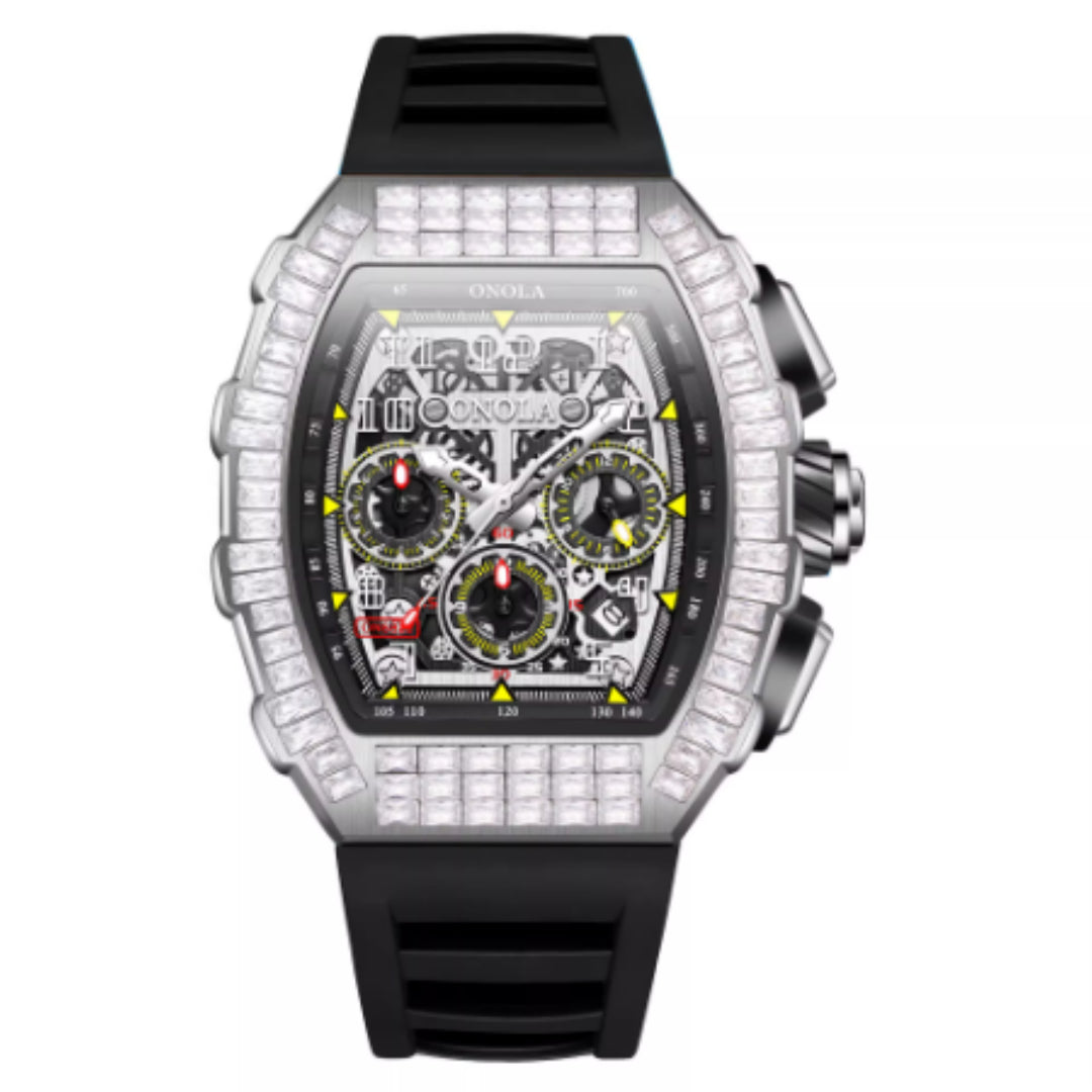 Men's luxury square diamond watch with star pattern and silver-tone case