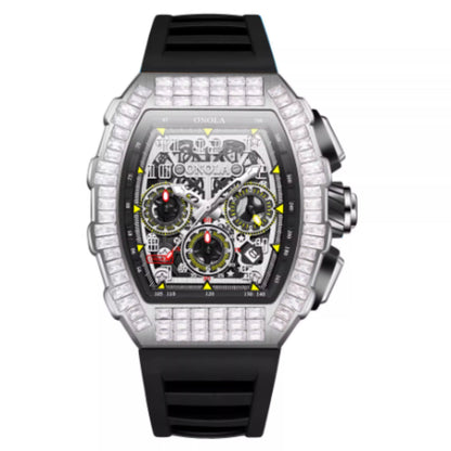 Men's luxury square diamond watch with star pattern and silver-tone case
