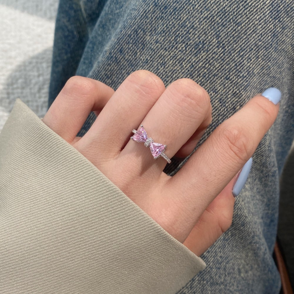 S925 sterling silver bow women's ring with delicate polished bow design