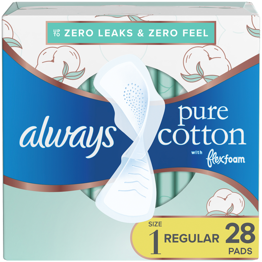 Three packs of Always Pure Cotton FlexFoam size 1 feminine pads with regular absorbency, featuring natural cotton material.