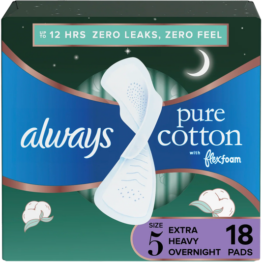 Four packs of Always Pure Cotton FlexFoam size 5 extra heavy flow feminine pads by Pasteur Pharmacy, each with 18 pads.