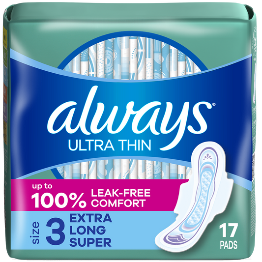 Always Ultra Thin Size 3 feminine pads with wings, extra long super absorbency, shown in a pack of six for women’s protection.