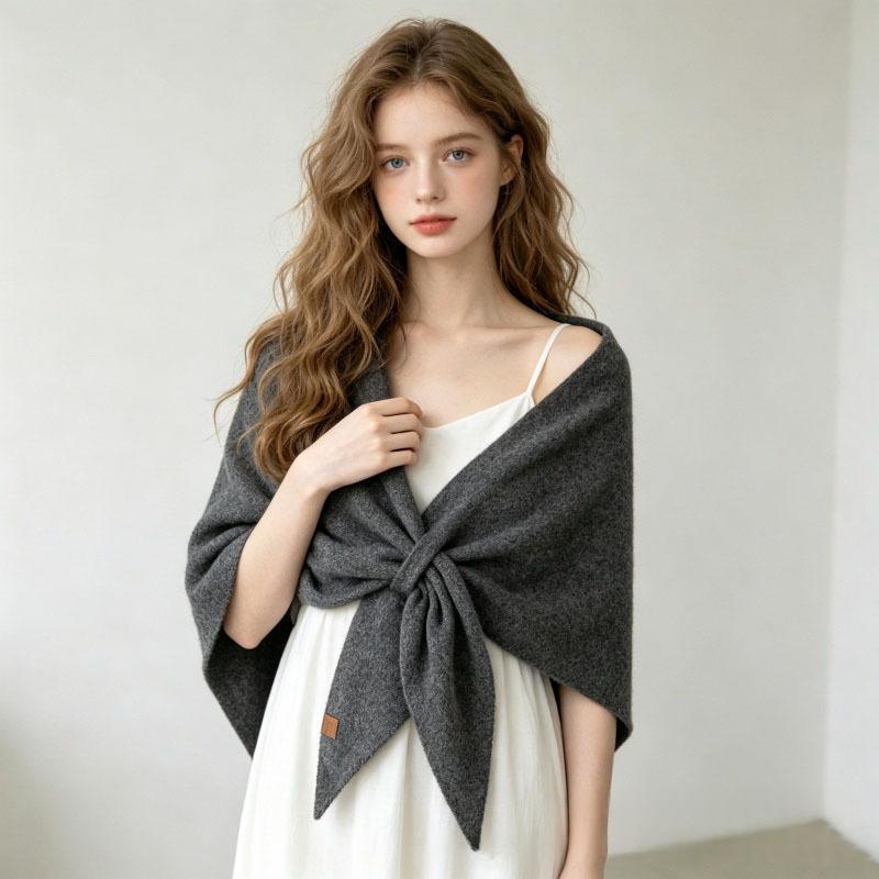 Large wool triangle scarf shawl by My Store, draped in a soft neutral tone