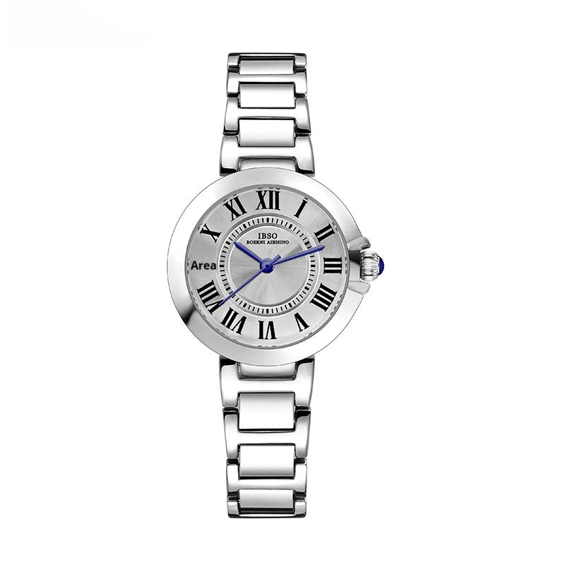 Women's Roman numeral steel band wristwatch with a classic round dial and metal bracelet