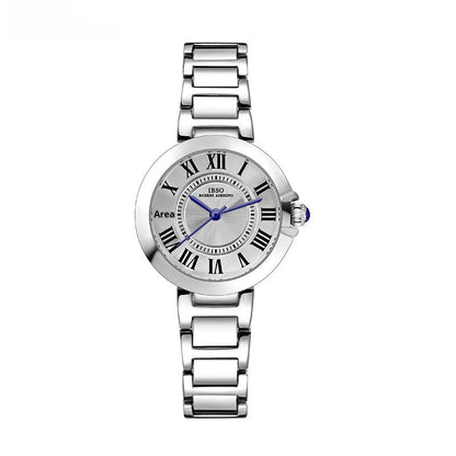 Women's Roman numeral steel band wristwatch with a classic round dial and metal bracelet