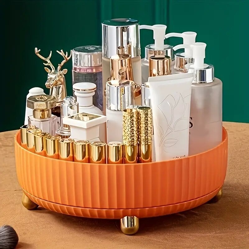 Plastic cosmetics rotating storage box organizer, clear multi-compartment design with tiered shelves