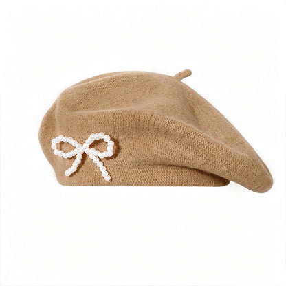 Pearl bow wool breathable beret in a soft, textured design