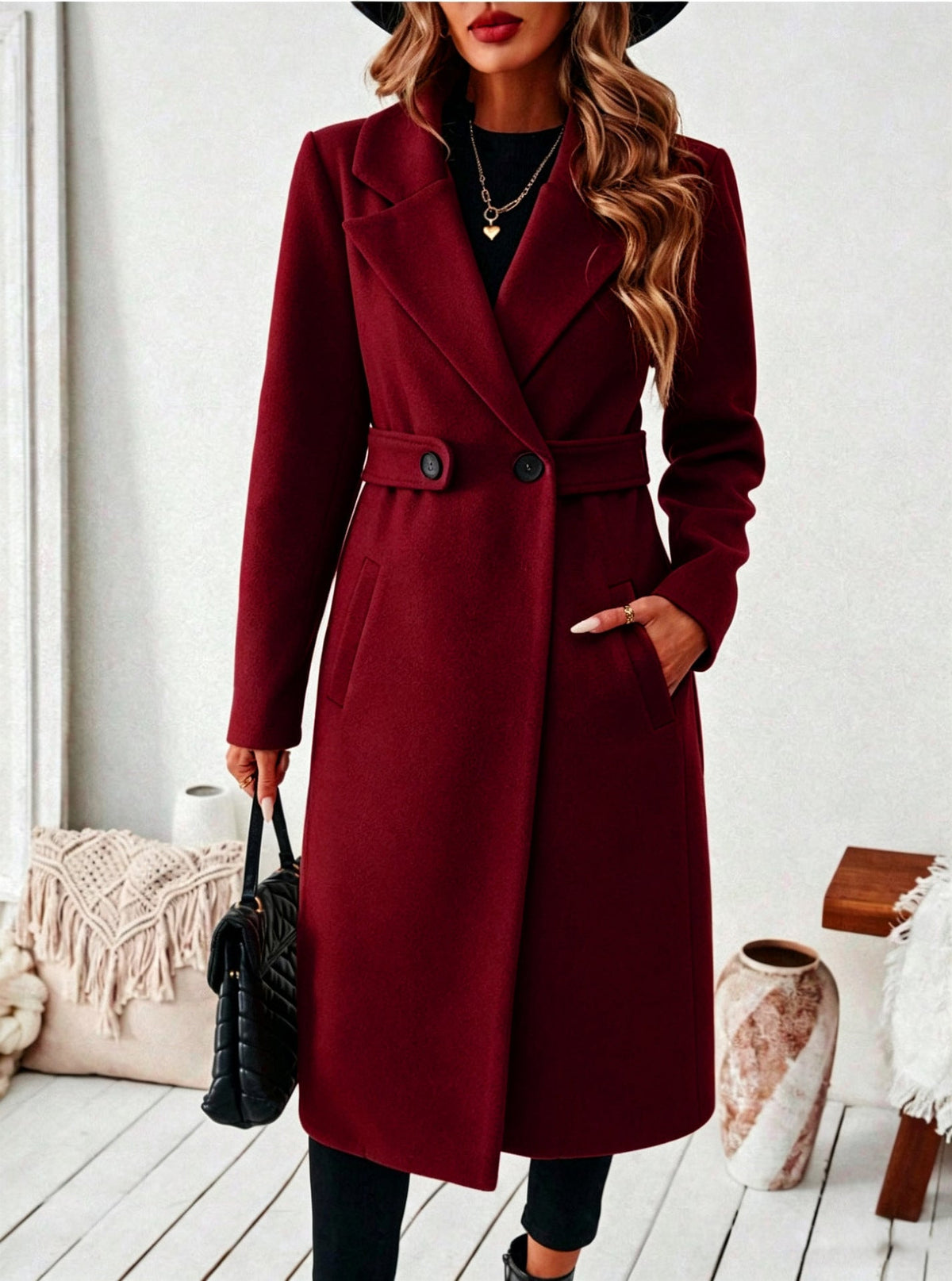 Women's solid-color wool coat with lapel collar and double-breasted front