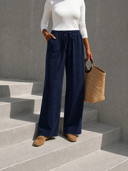 Women's corduroy wide-leg pants with elastic waist and drawstring, loose casual long pants