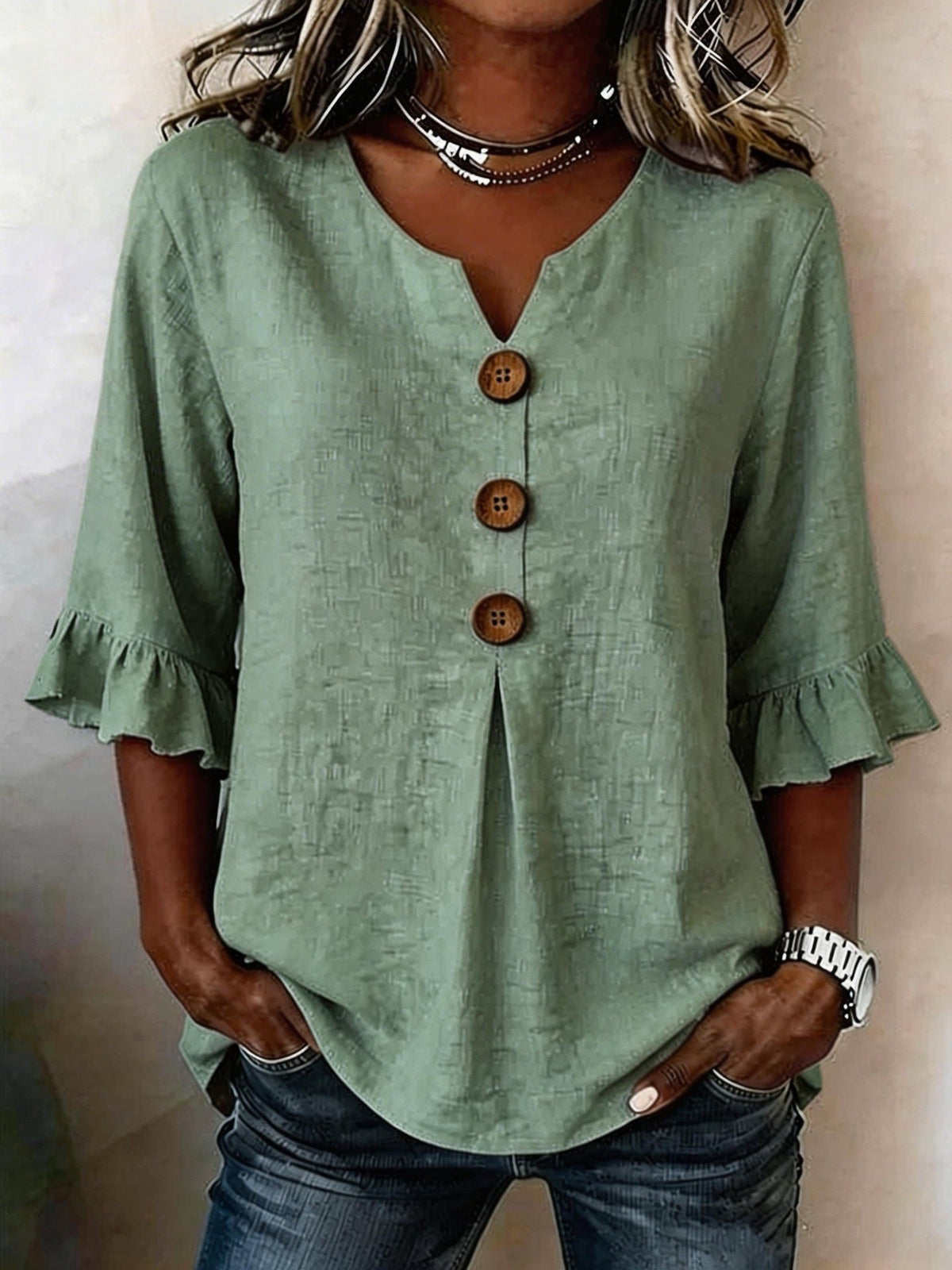 Women's V-neck cotton linen button-up short sleeve shirt in solid color, 2026 summer style
