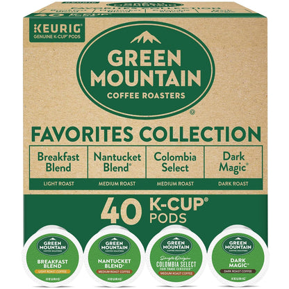 Green Mountain Coffee Roasters Favorites Collection K-Cup coffee pods in green packaging, ready for brewing.