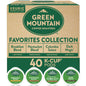 Green Mountain Coffee Roasters Favorites Collection K-Cup coffee pods in green packaging, ready for brewing.