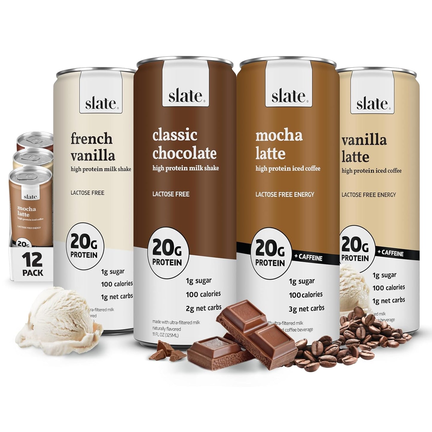 Slate Milk high protein chocolate and vanilla milk shakes and iced coffees, lactose free, 20g protein, 11 fl oz cans.